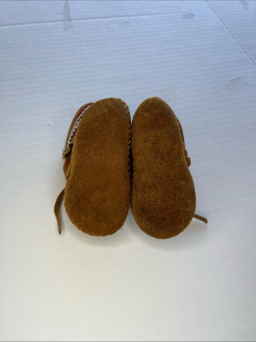 Minnetonka Brown Suede Kids Moccasins with Woven Trim